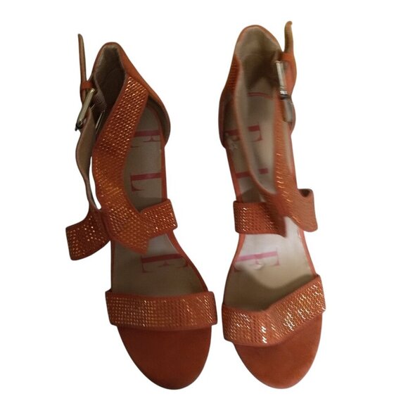ELLE Women's Size 8 1/2 Open Toe Heels Beaded Ankle Strap Orange Buckle Closure - Picture 4 of 8